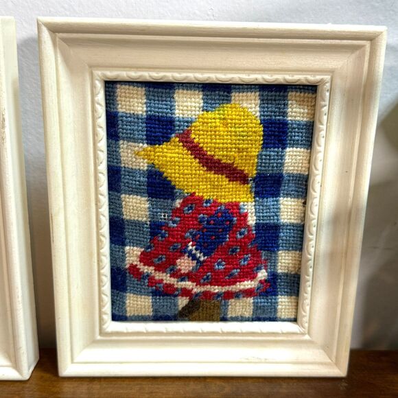 Columbia Minerva Designer Needlepoint Calico Bill and Holly Framed Set 5.5 x 6.5 - Picture 3 of 10